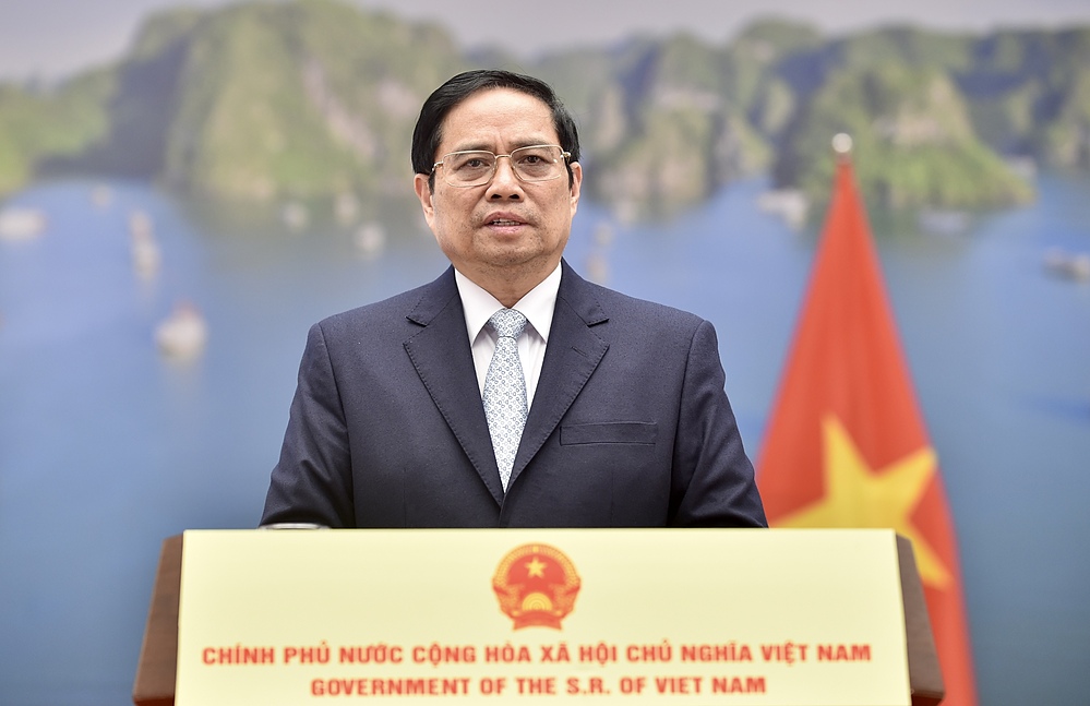 Thủ tướng Phạm Minh Chính trong bài phát biểu tới diễn đàn Tuần lễ Năng lượng Nga đang diễn ra ở Moskva hôm 14/10. Ảnh: Bộ Ngoại giao.