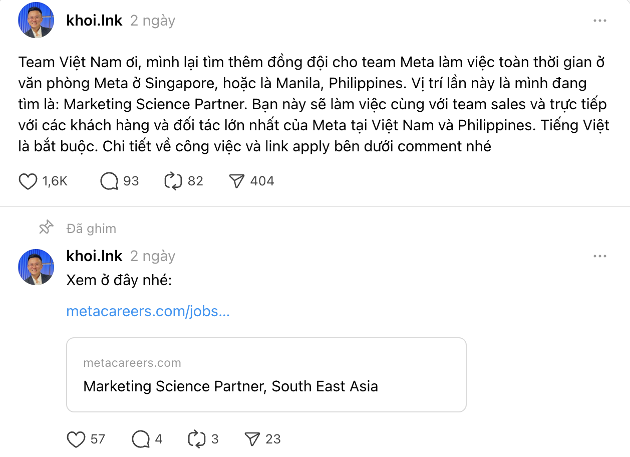CEO Meta Vietnam tuyển dụng trên Threads, dân tình lập tức CEO Meta Vietnam tuyển dụng trên Threads, dân tình lập tức