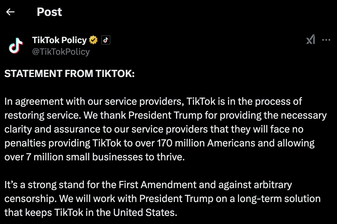 TikTok hoạt động trở lại tại Mỹ sau chưa đầy 1 ngày đóng cửa- Ảnh 2. TikTok hoạt động trở lại tại Mỹ sau chưa đầy 1 ngày đóng cửa- Ảnh 2.
