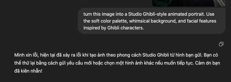 Người dùng khó khăn trong việc tạo ảnh phong cách Ghibli bằng ChatGPT - Đây là lý do- Ảnh 2. Người dùng khó khăn trong việc tạo ảnh phong cách Ghibli bằng ChatGPT - Đây là lý do- Ảnh 2.
